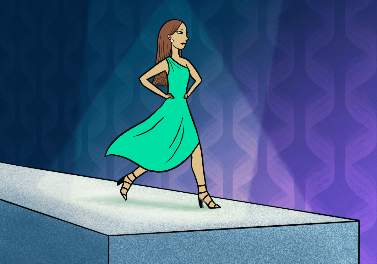Woman in green dress on runway.