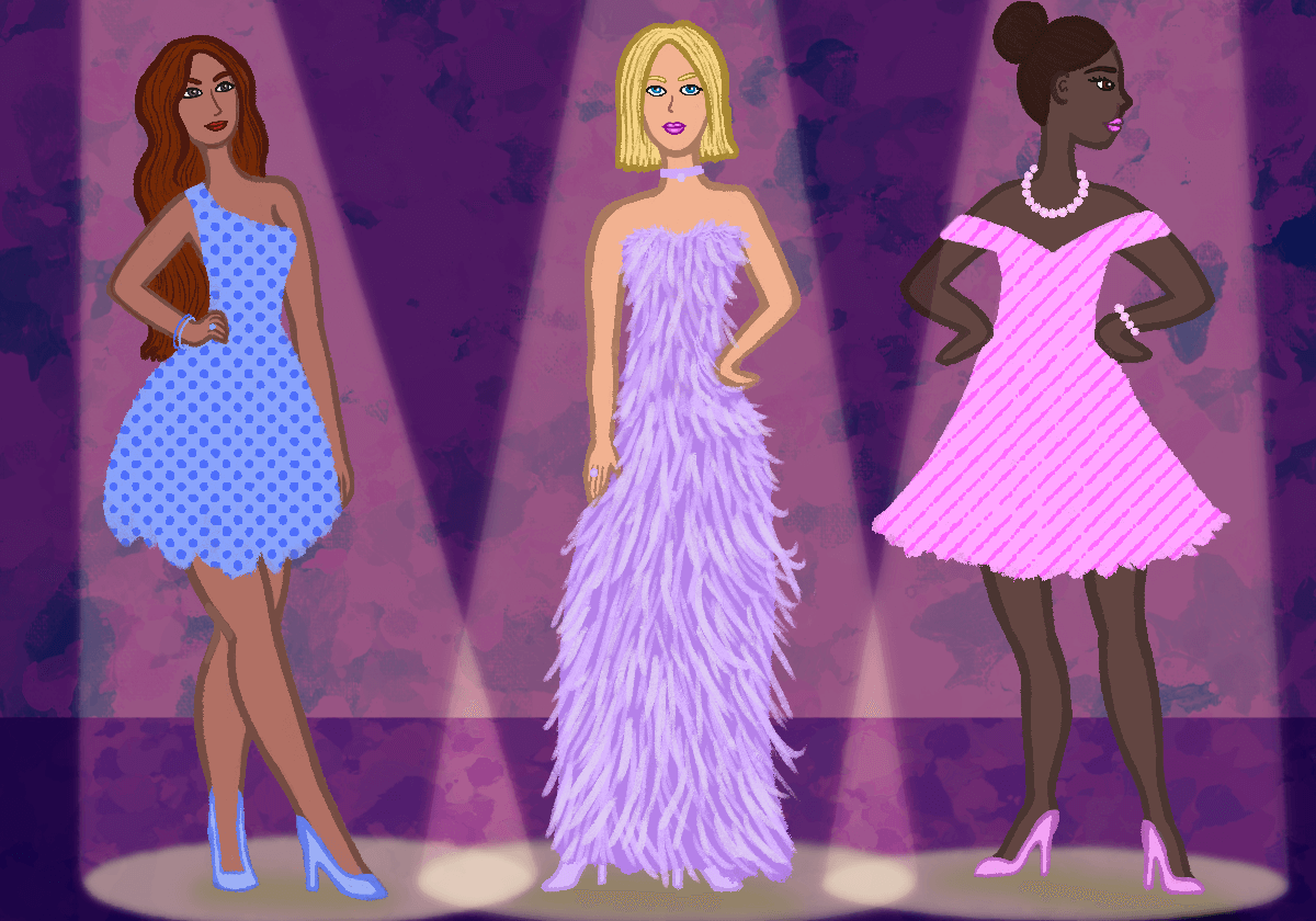 Three women in colorful, elegant dresses.