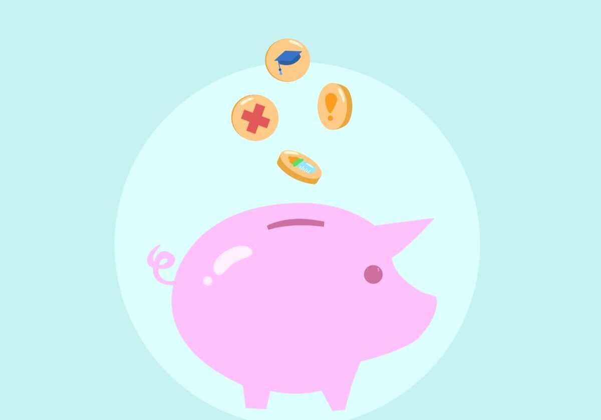 Pink piggy bank with falling coins.