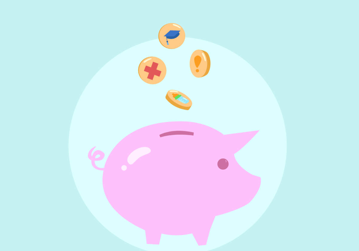 Pink piggy bank with falling coins.