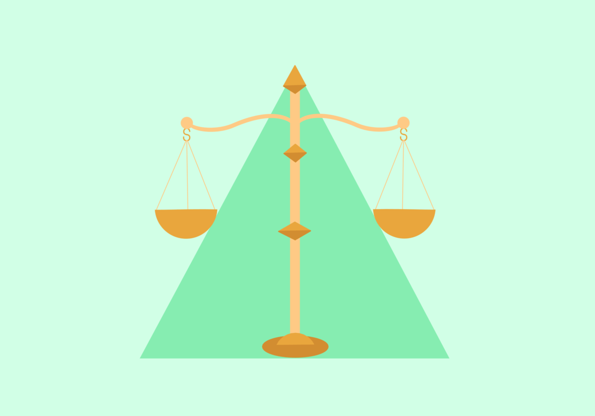 Golden scales of justice on green background.