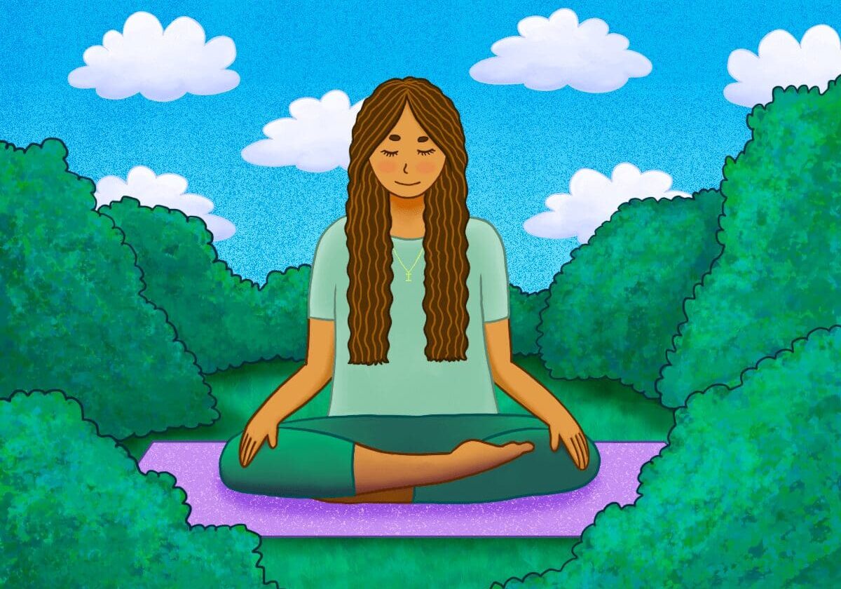 Woman meditating outdoors on a purple mat.