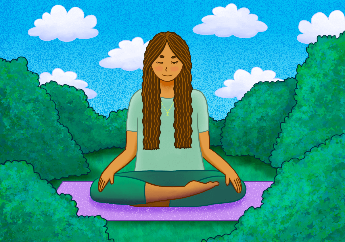 Woman meditating outdoors on a purple mat.