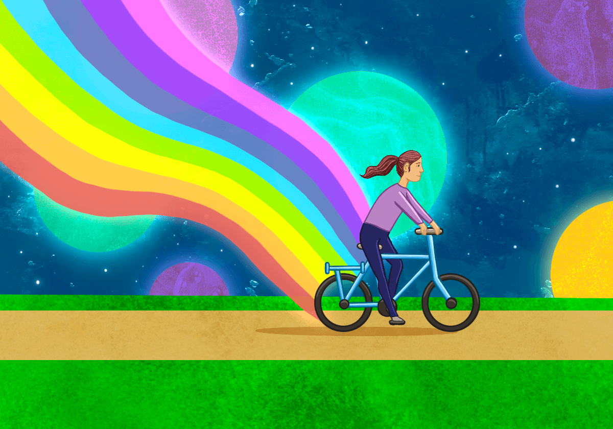 Person cycling with rainbow trail, cosmic background.