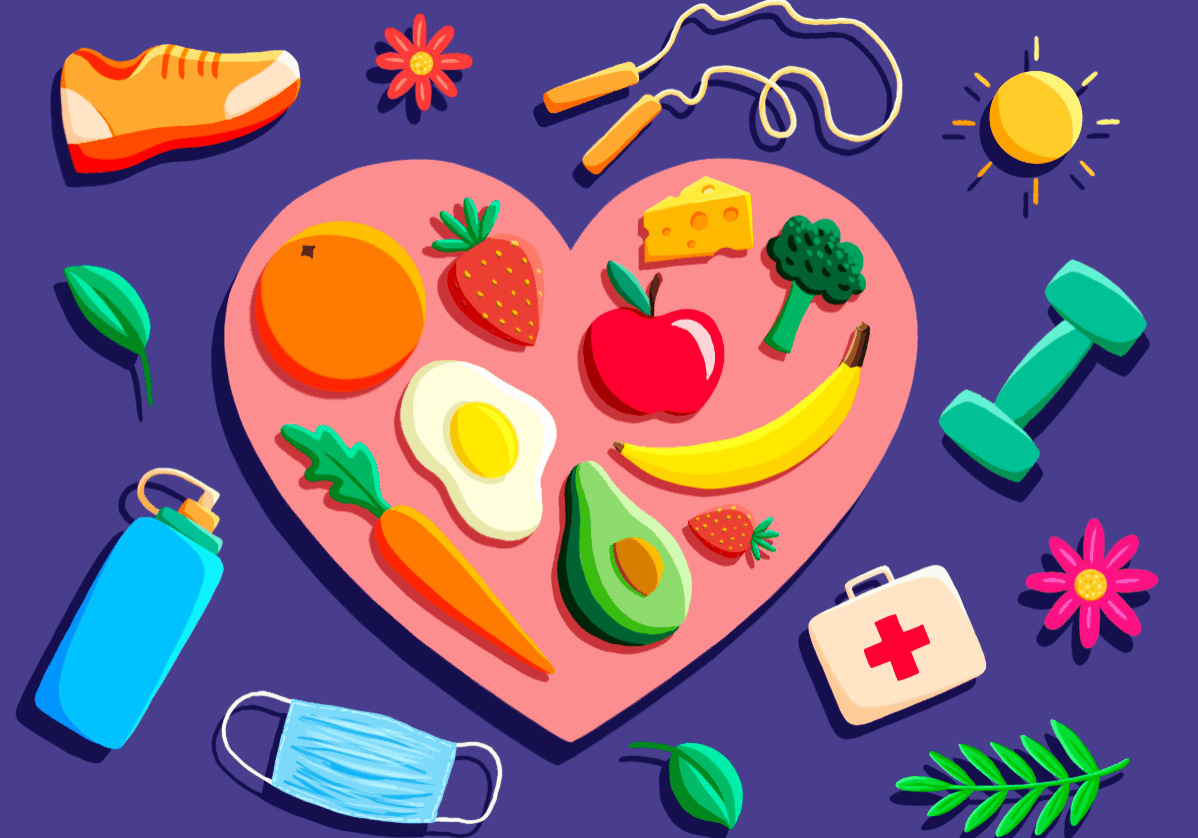 Healthy lifestyle elements in heart shape.