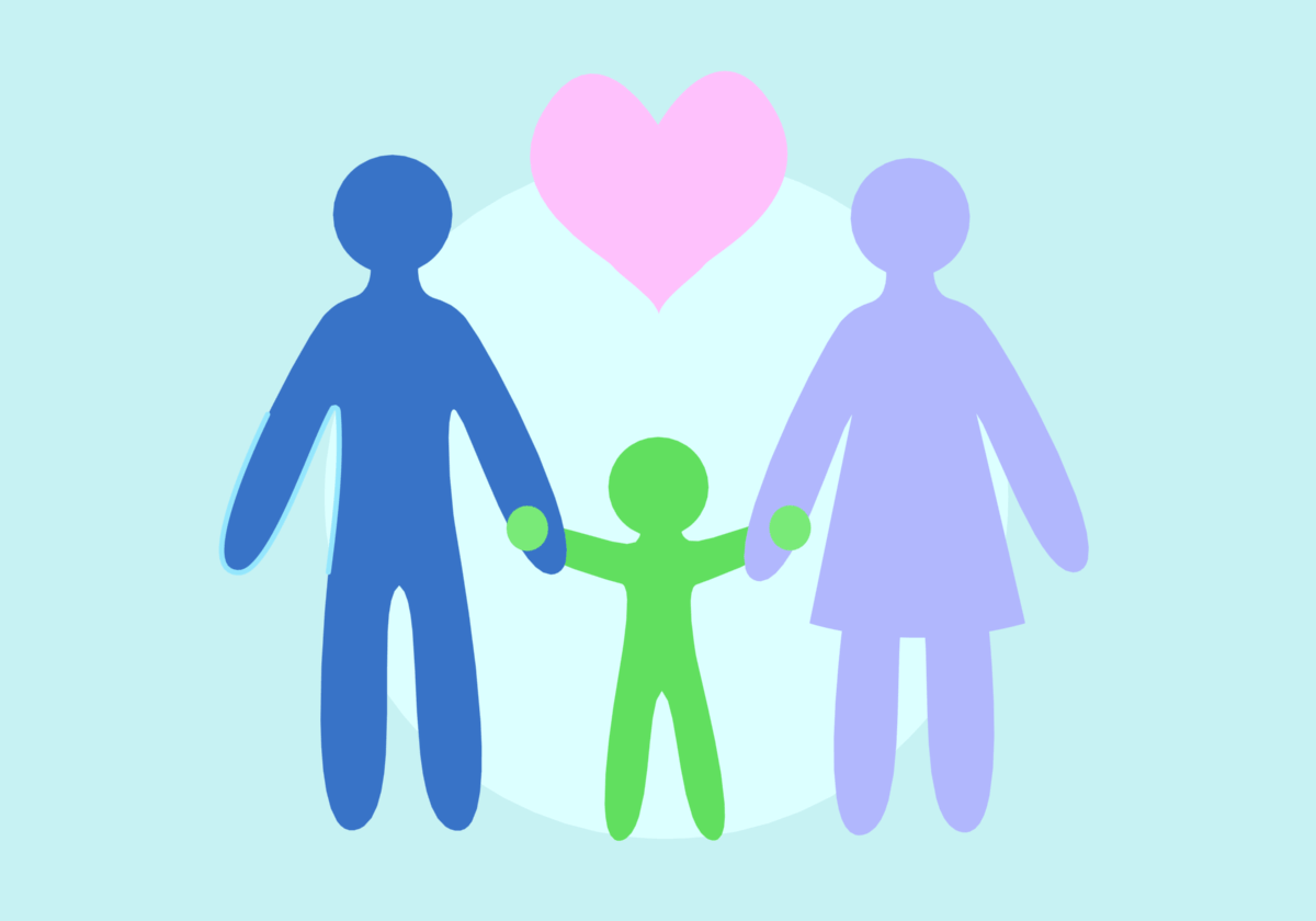 Family holding hands with heart above.