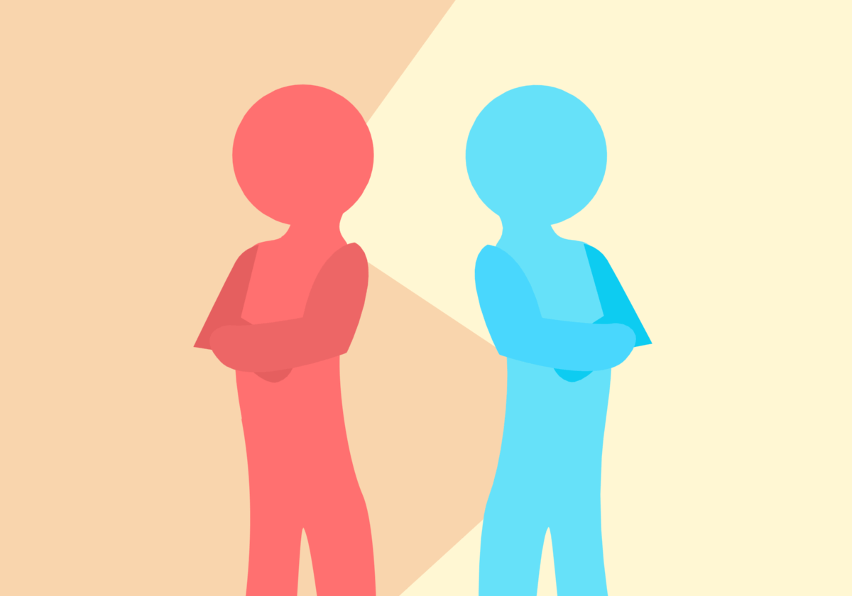 Two figures standing back to back.