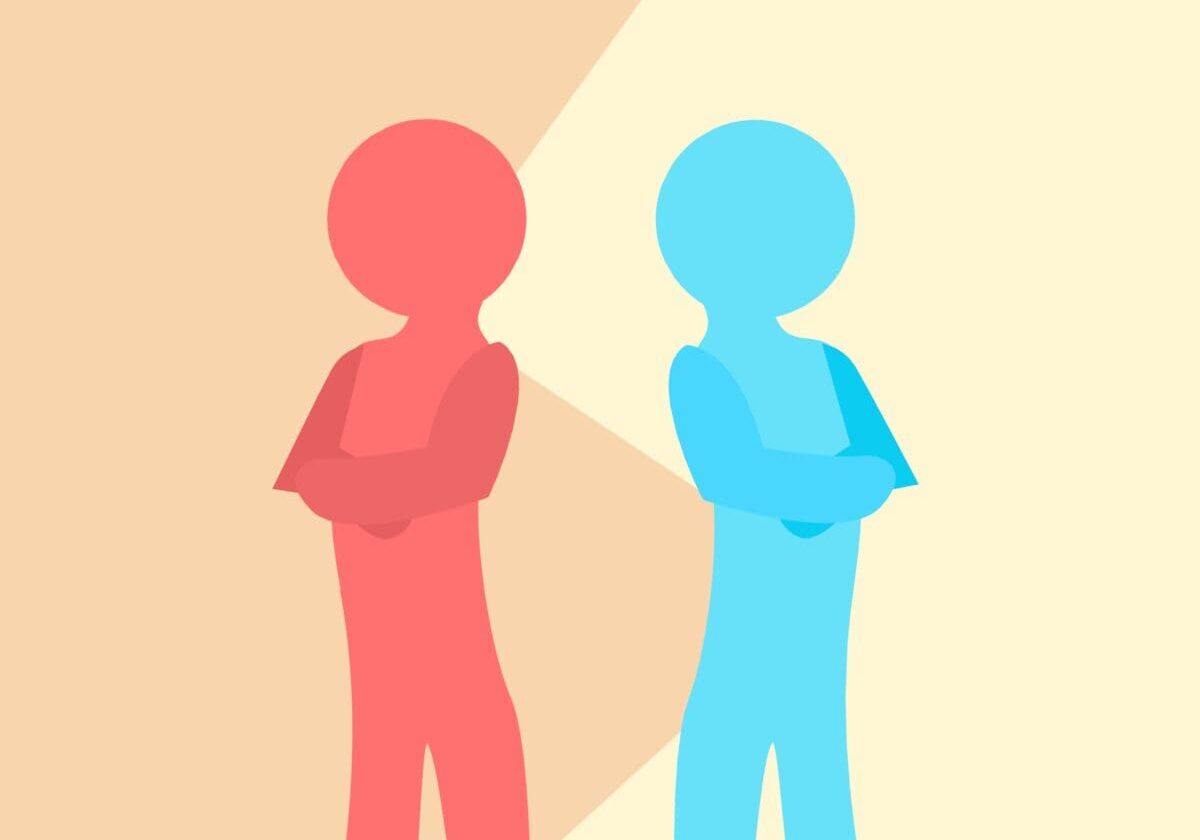 Two figures standing back to back.