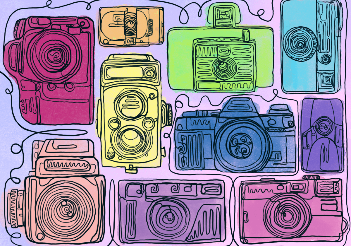 Colorful doodle illustration of vintage cameras.