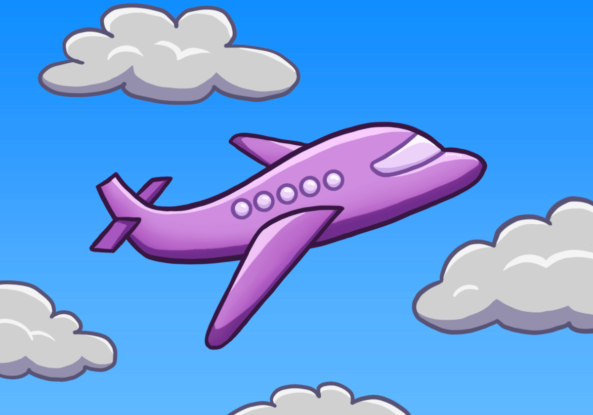 Purple airplane flying among fluffy clouds.