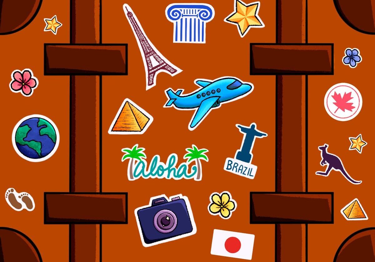 Suitcase with travel-themed stickers, global destinations.