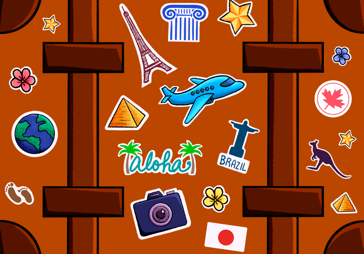 Suitcase with travel-themed stickers, global destinations.