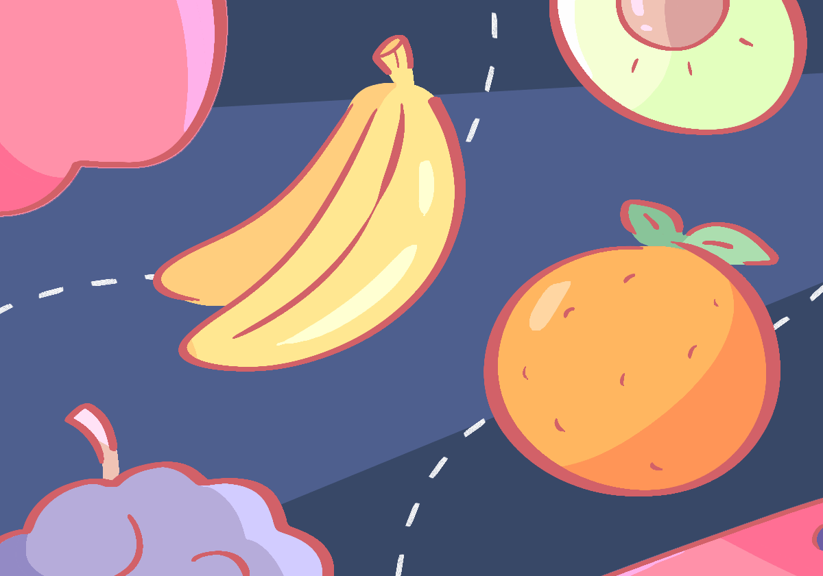 Colorful illustration of various fruits.