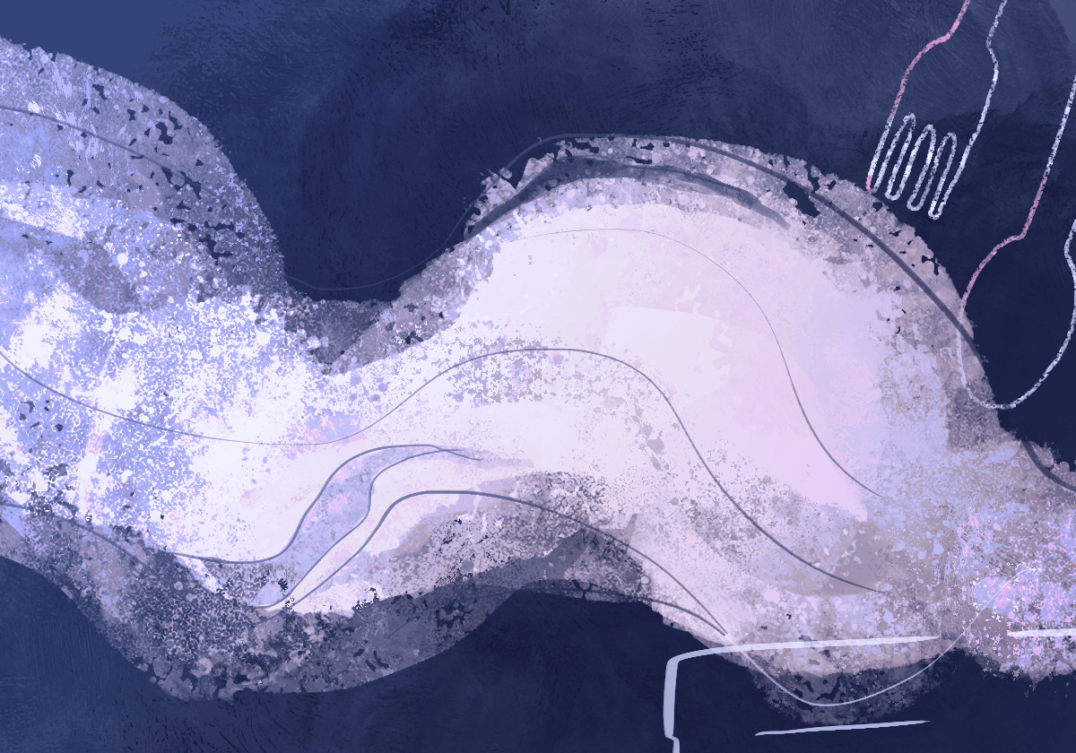 Abstract painting with flowing shapes and textures.