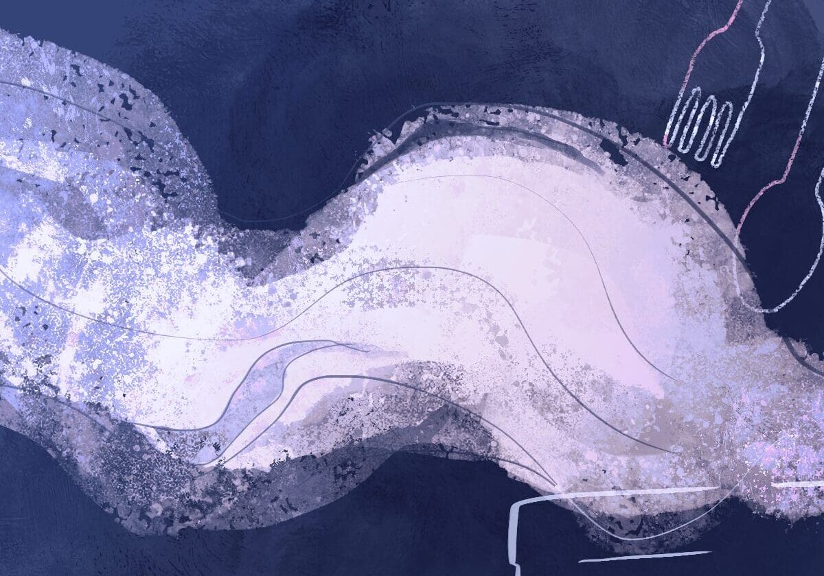 Abstract painting with flowing shapes and textures.