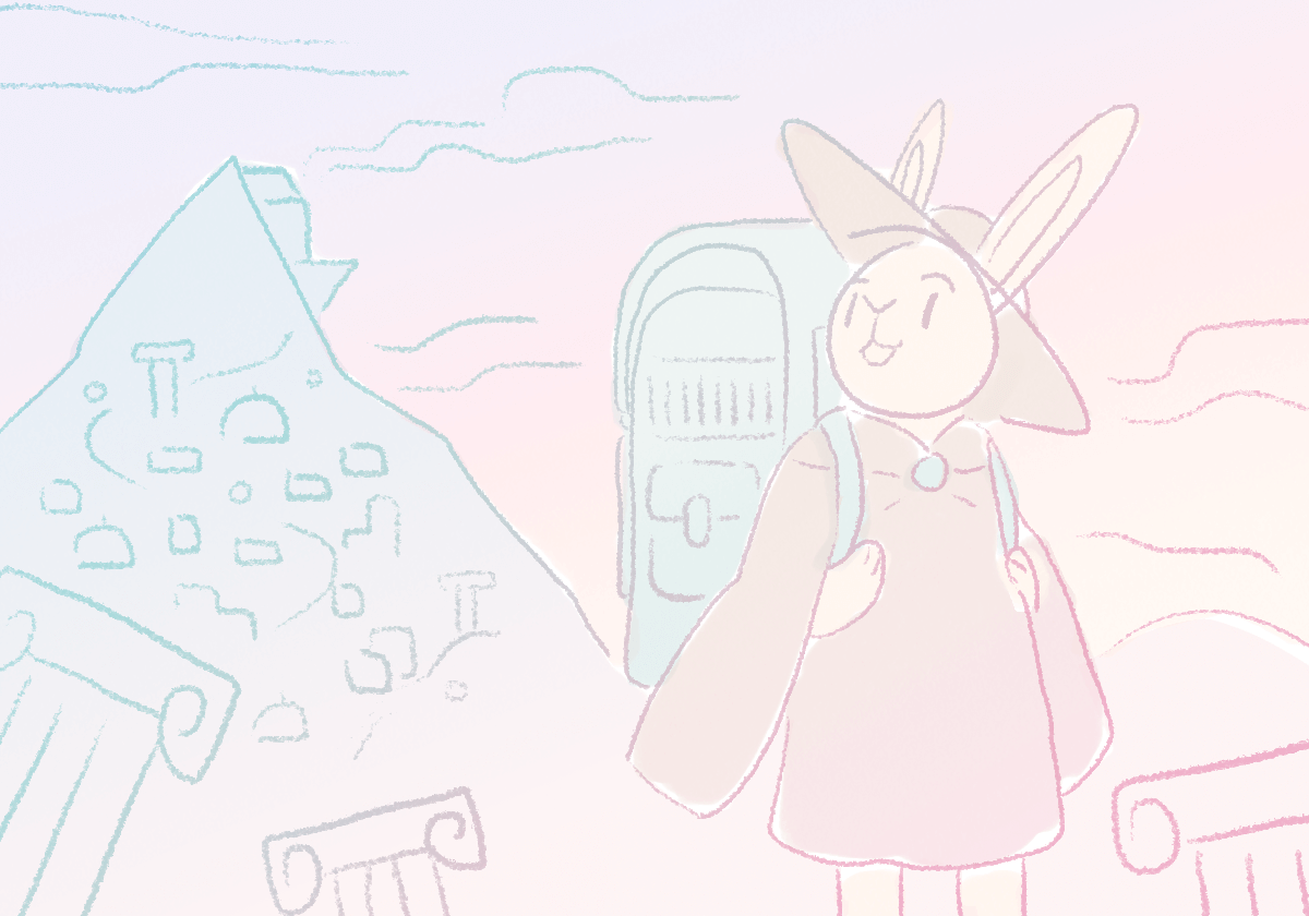 Rabbit traveler with backpack, pastel background.