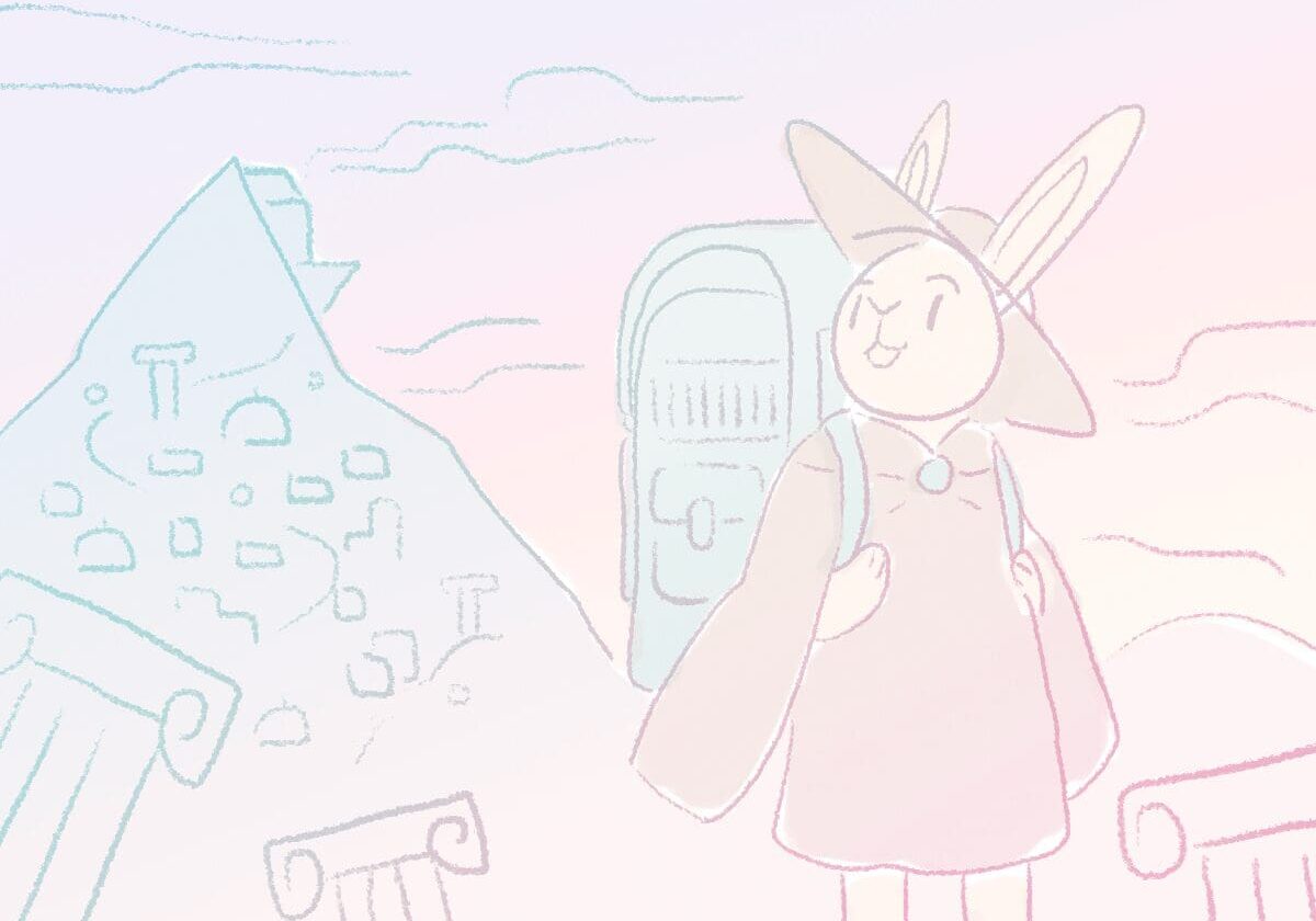 Rabbit traveler with backpack, pastel background.